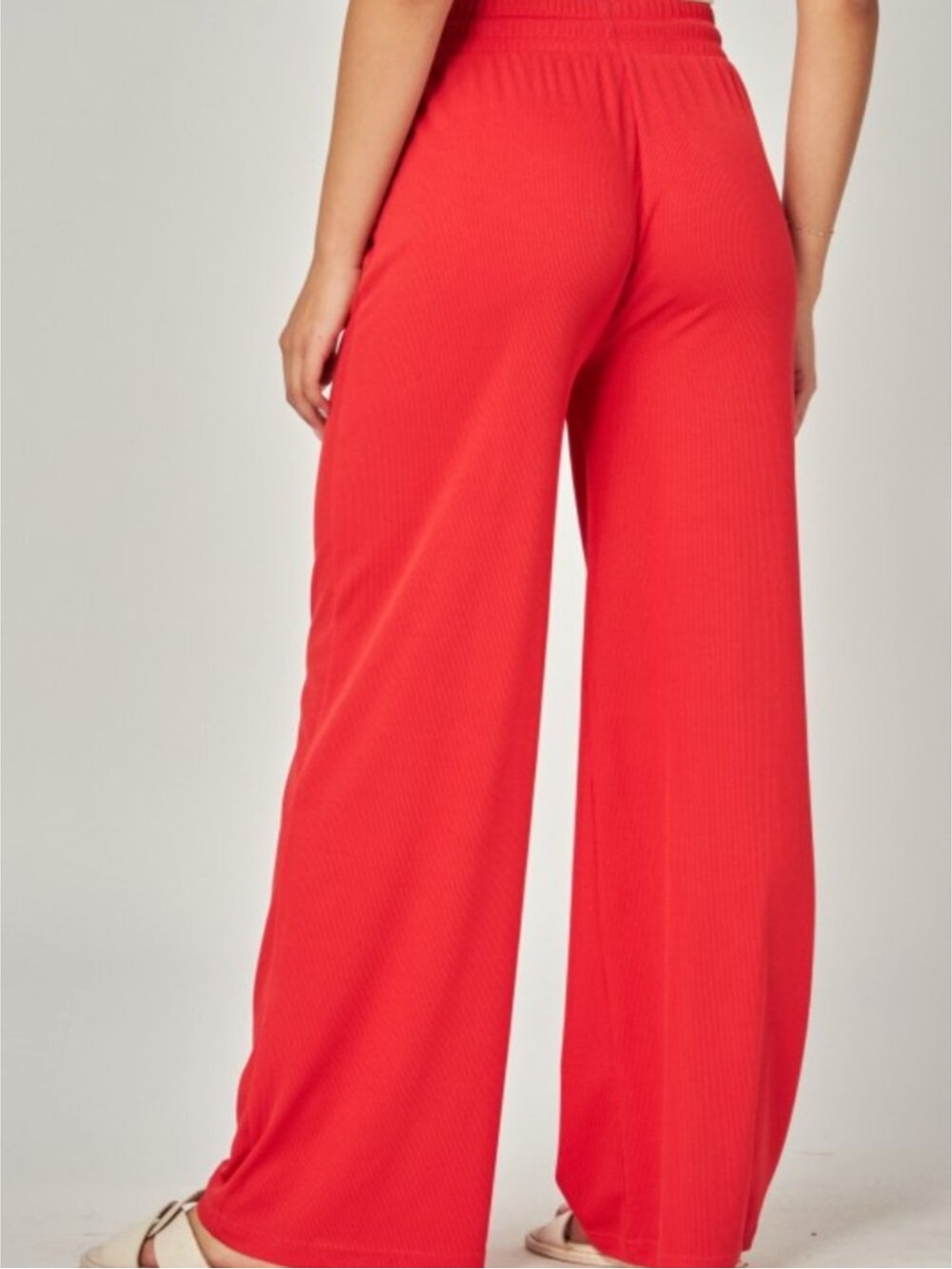 Stretchy Ribbed Drawstring Pocket Wide Leg Pants NEW - RED